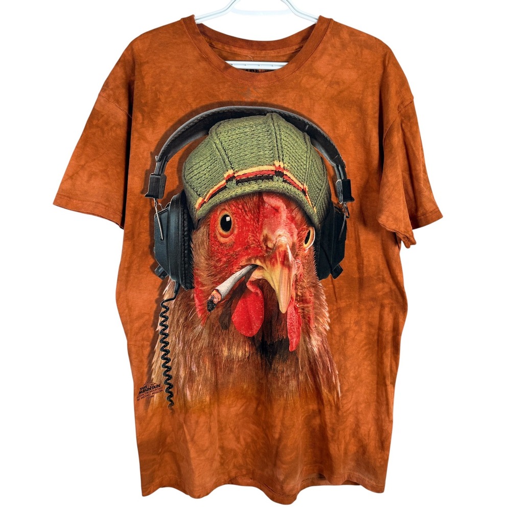 The Mountain T Shirt Rooster Smoking Headphones Graphic Tee Mens L Orange
